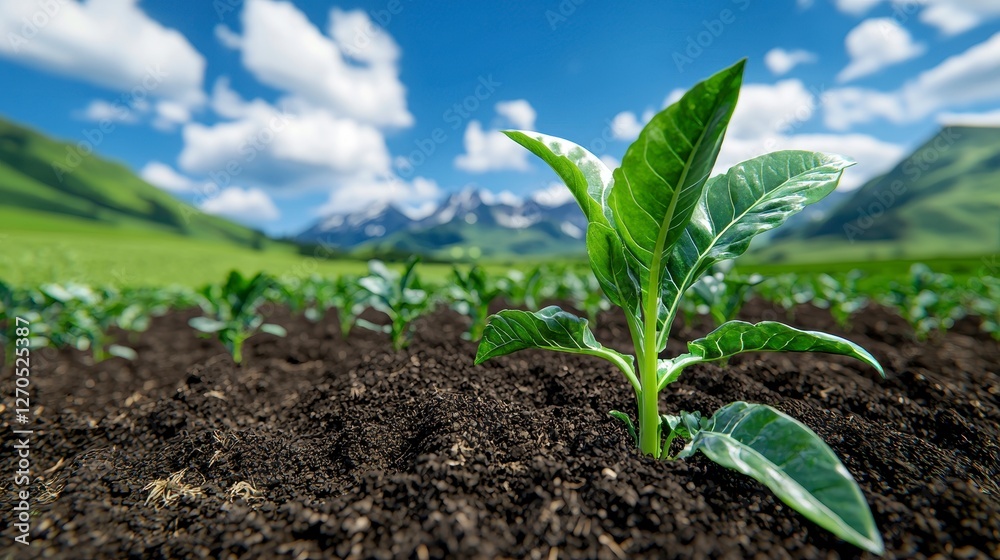 Small green plant sprouting from the ground in an agricultural field under natural light Small green plant sprouting from the ground in an agricultural field under natural light