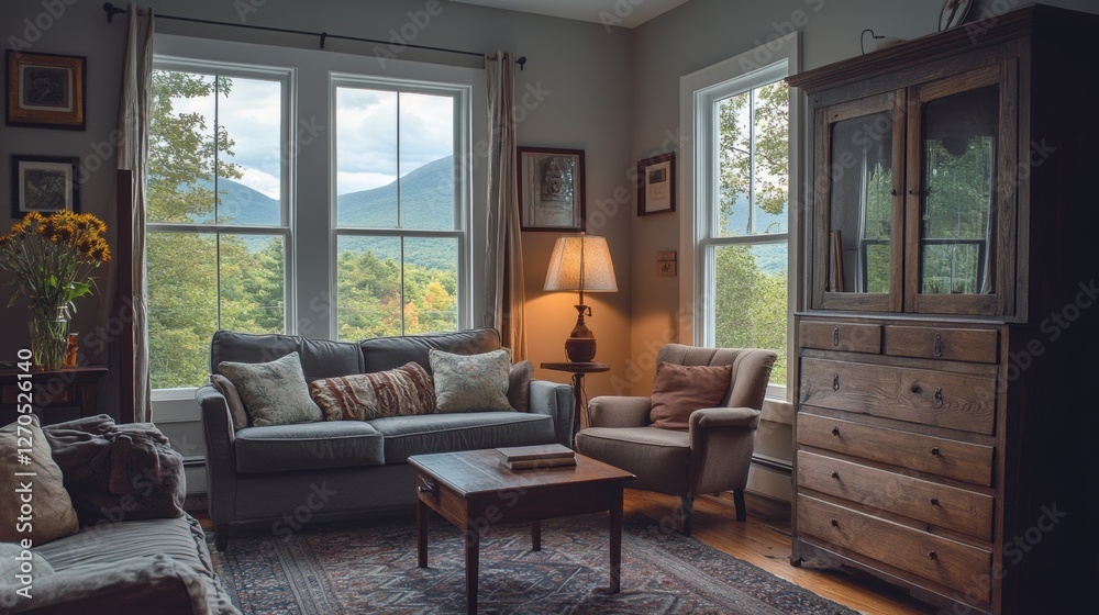 Fototapeta premium Corner of stylish living room with gray and dark wooden walls, comfortable sofa and armchairs, dark wooden dresser and vertical mirror. Windows with mountain view. 3d rendering