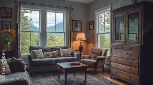 Wallpaper Mural Corner of stylish living room with gray and dark wooden walls, comfortable sofa and armchairs, dark wooden dresser and vertical mirror. Windows with mountain view. 3d rendering Torontodigital.ca