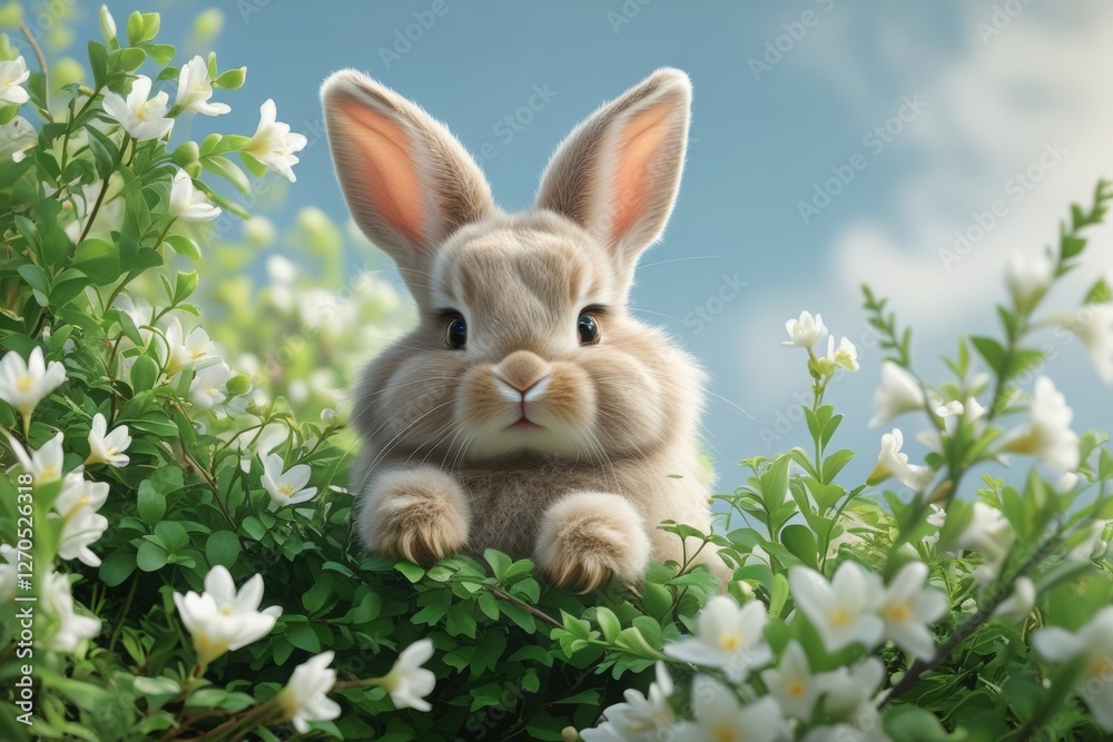 A curious rabbit peeks from a bush of white flowers, embodying spring beneath a blue sky. A curious rabbit peeks from a bush of white flowers, embodying spring beneath a blue sky.