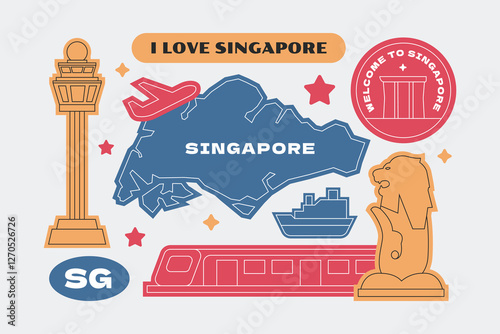 Singapore travel stickers element collection in flat style