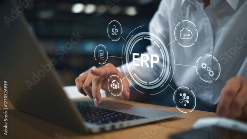 Wallpaper Mural Woman using laptop with erp system interface overlaid Torontodigital.ca