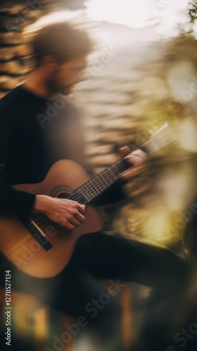 Male musician playing acoustic guitar in warm, artistic ambience