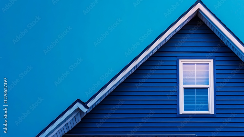 Blue house exterior with a prominent gable roof and window against a vibrant sky backdrop Blue house exterior with a prominent gable roof and window against a vibrant sky backdrop