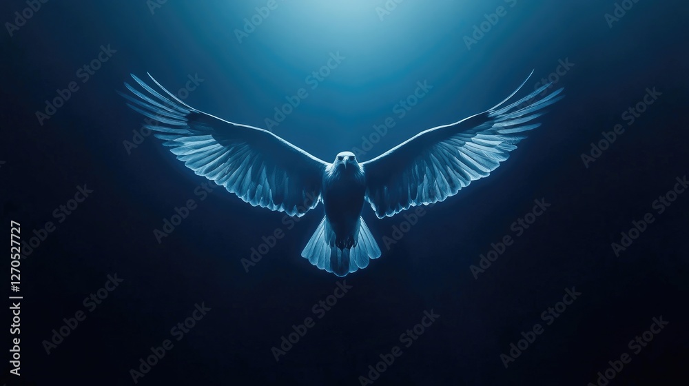 Naklejka premium A small eagle icon, wings outstretched, glowing in front of a rich blue background