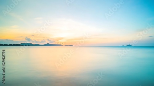 Serene Sunset Over Calm Ocean And Distant Islands