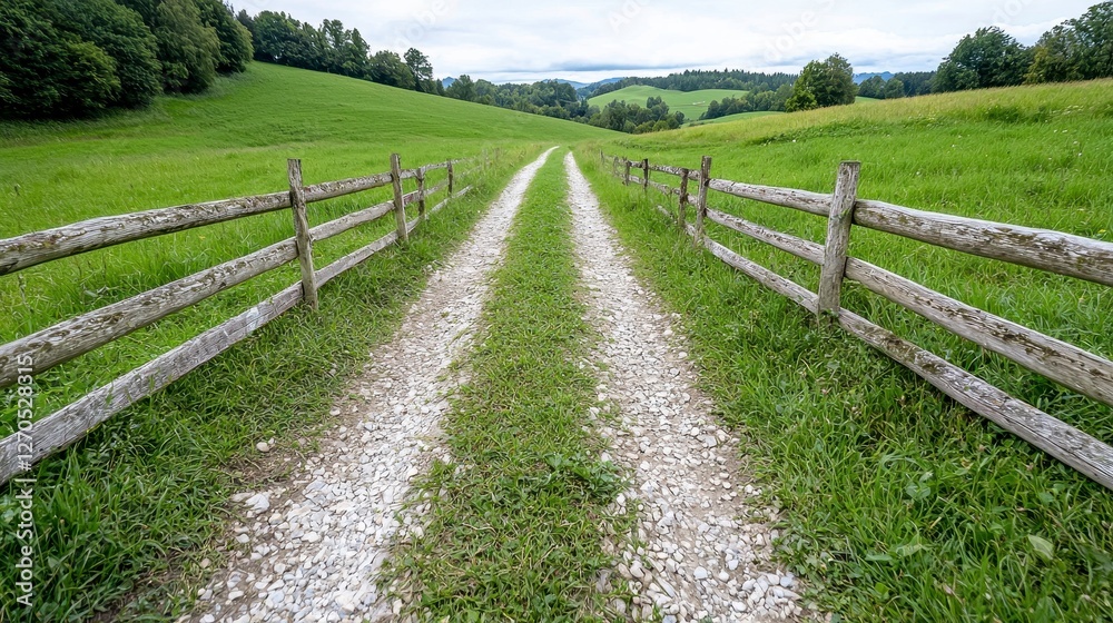 Dirt road leading to wooden fence with guided birdwatching tours on ecofarm in natural setting Dirt road leading to wooden fence with guided birdwatching tours on ecofarm in natural setting