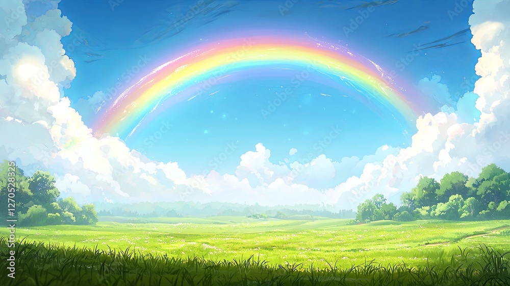 Vibrant Rainbow Over Serene Green Meadow Under Bright Blue Sky Vibrant Rainbow Over Serene Green Meadow Under Bright Blue Sky