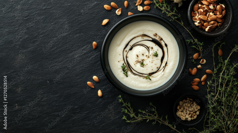 Creamy cauliflower soup with herbs and nuts in black bowl, garnished with swirl of balsamic reduction. delicious and healthy dish perfect for any meal Creamy cauliflower soup with herbs and nuts in black bowl, garnished with swirl of balsamic reduction. delicious and healthy dish perfect for any meal