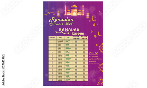 Ramadan calendar design 2025,Ramadan schedule calendar template design 2025, Ramadan calendar iftar schedule template 2025, Ramadan calendar with sehri and iftar schedule table 2025.