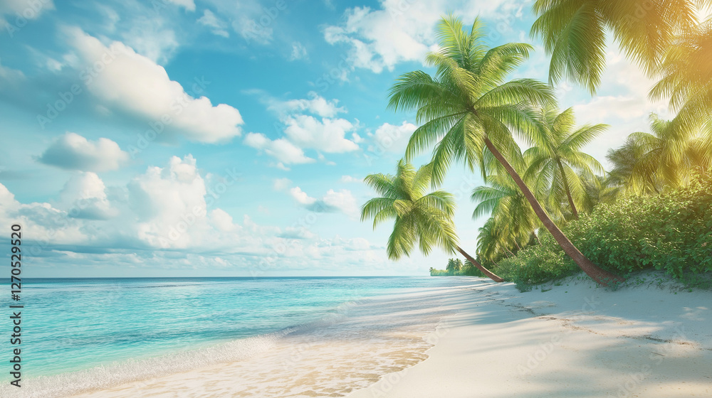 Tropical Beach with Coconut Palm Tree and Sunlight over the Blue Sky Tropical Beach with Coconut Palm Tree and Sunlight over the Blue Sky