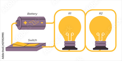 Parallel circuit electrical wire paths flow science physics education terminal branches combined connection lightbulb switch battery component element electric power icon design scheme illustration