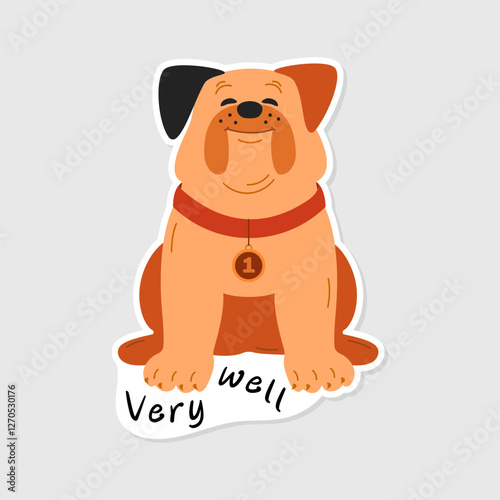 Smiling bulldog dog sticker isolated background. Cute Satisfied dog sticker and lettering Very well. Humorous picture for decoration in social networks, web design, logo. Image of a bulldog.