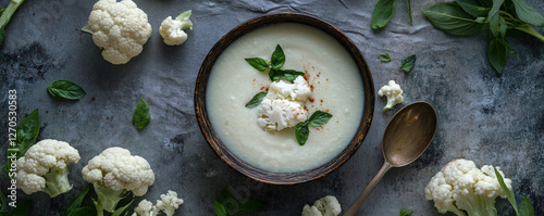 Creamy cauliflower soup in bowl garnished with basil leaves, surrounded by fresh cauliflower florets and spoon. comforting and healthy dish perfect for any meal