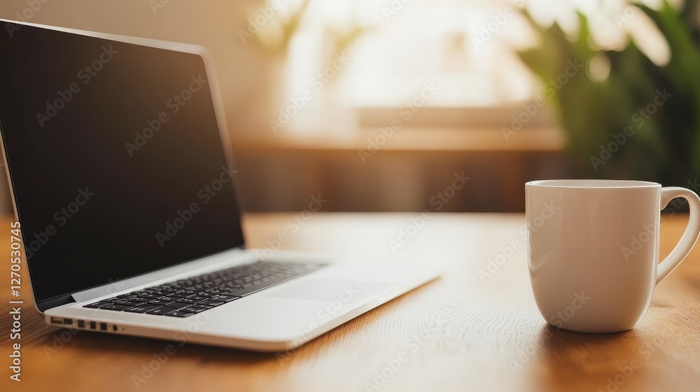 A serene workspace featuring a laptop and a coffee cup on a wooden table with greenery A serene workspace featuring a laptop and a coffee cup on a wooden table with greenery