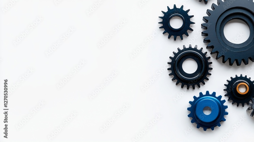 Various gears arranged in an artistic layout on a clean white background