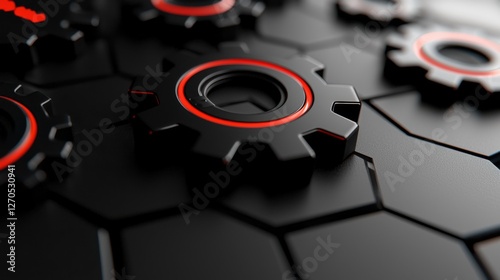 Wallpaper Mural Details of black gears with red accents on a hexagonal pattern background create a striking mechanical design Torontodigital.ca