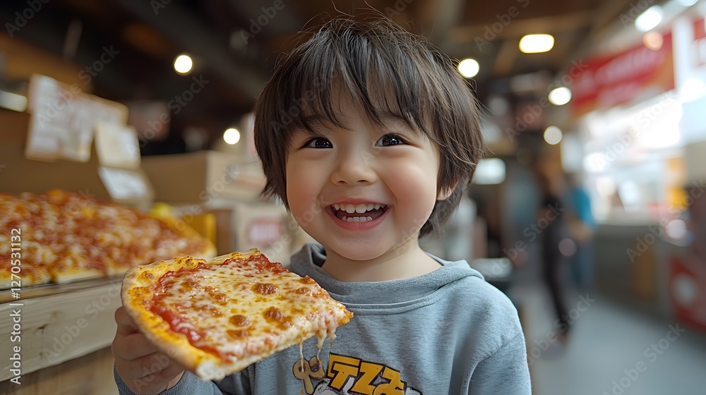 Happy Child Enjoying a Delicious Pizza Meal at a Cozy Restaurant Happy Child Enjoying a Delicious Pizza Meal at a Cozy Restaurant