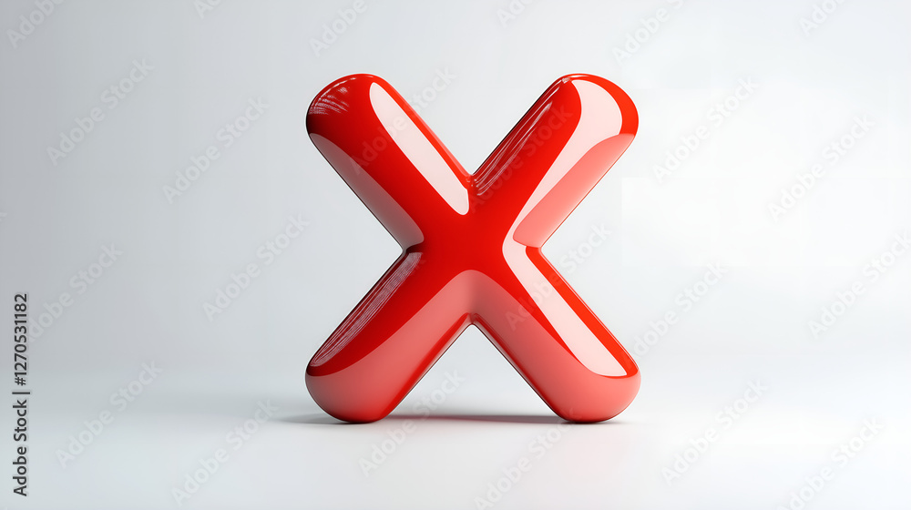 Obraz premium Red glossy 3D cross symbol standing on a reflective surface against a clean white background with soft lighting.