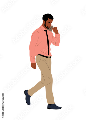 Black business man walking side view. Handsome bearded african american or latin man in formal suit and tie. Male cartoon character Vector realistic illustration isolated