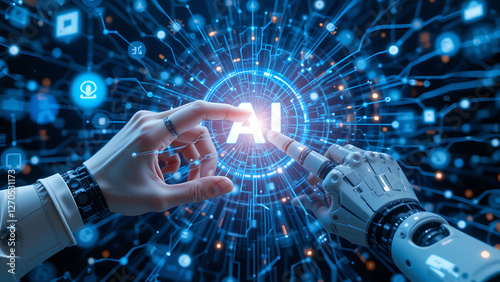 AI, Machine learning, Hands of robot and human touching on big data network connection background, Science and artificial intelligence technology, innovation and futuristic