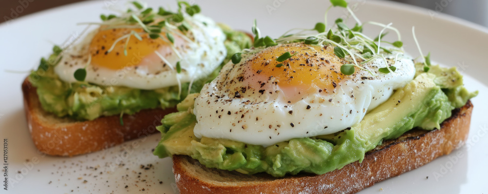 Open faced sourdough toast topped with smashed avocado and poached eggs, garnished with sprouts and pepper, creating delicious and healthy breakfast option Open faced sourdough toast topped with smashed avocado and poached eggs, garnished with sprouts and pepper, creating delicious and healthy breakfast option
