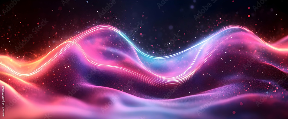 Fototapeta premium Abstract Glowing Wave Design With Pink Red Blue Particles