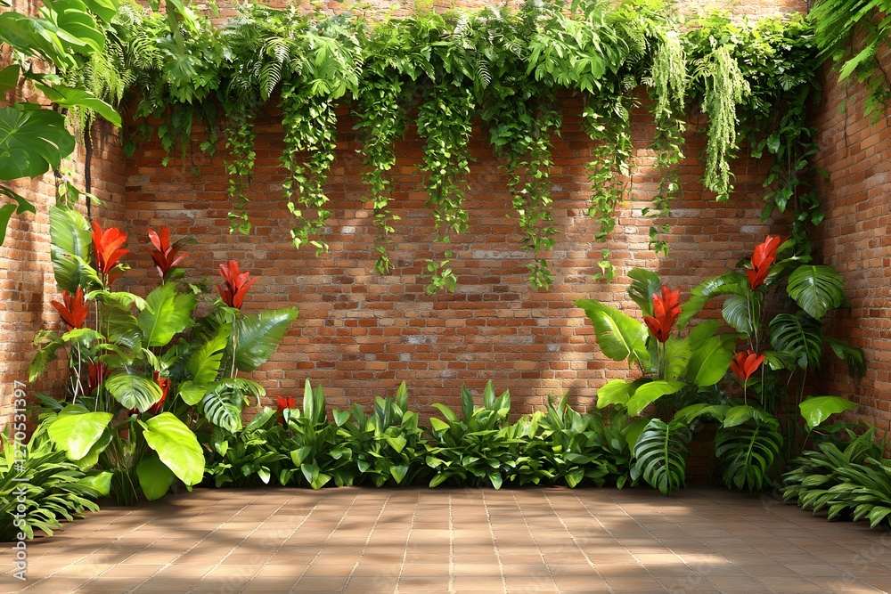 Obraz premium Tropical plants frame brick wall backdrop