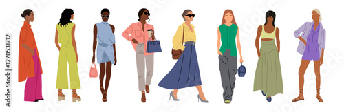 Modern business women collection. Diverse multiracial, multiethnic cartoon girls standing, walking in smart casual summer office outfit. Vector realistic illustration Isolated