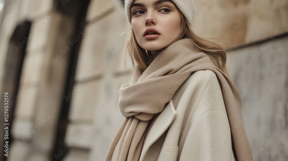 Naklejka premium Sensual stylish Details of everyday look. Model wearing casual beige outfit. Beret and scarf. Trendy minimalistic style. Total Beige aesthetics. Fashion look book. Warm Fall Winter seasons