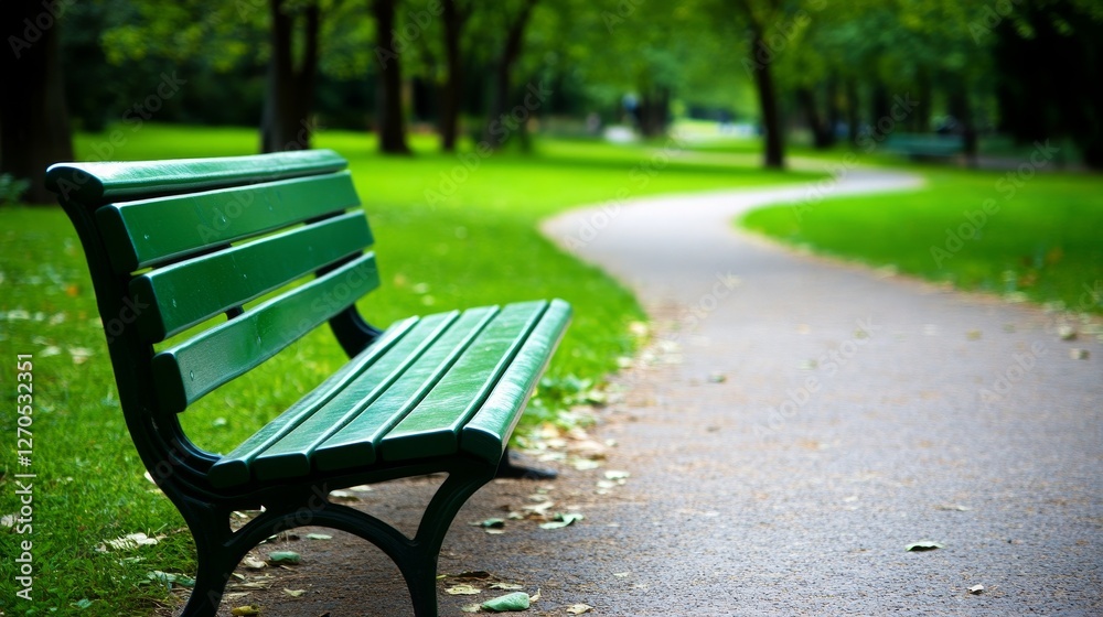 A serene park scene featuring a green bench along a winding path surrounded by lush trees A serene park scene featuring a green bench along a winding path surrounded by lush trees