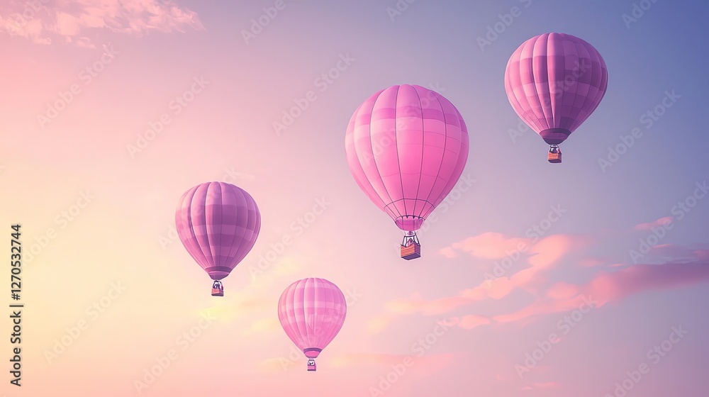 Fototapeta premium Vibrant Pink Hot Air Balloons Floating in Clear Sunset Sky