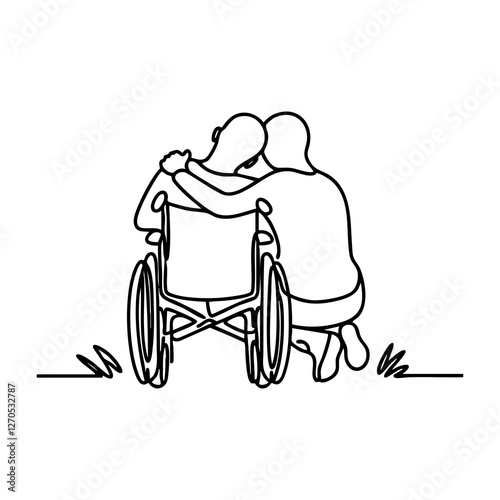 A continuous line drawing illustration of a disabled couple hugging