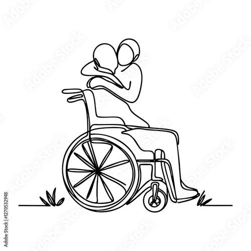 A continuous line drawing illustration of a disabled couple hugging