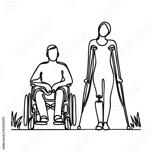 A continuous line drawing illustration of people with disabilities