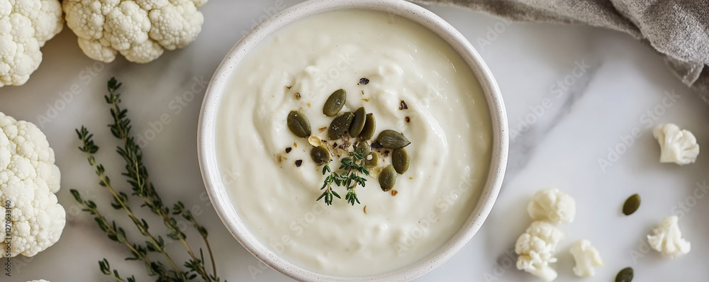 Creamy cauliflower soup garnished with seeds and herbs, surrounded by fresh cauliflower and thyme. comforting and healthy dish perfect for any meal Creamy cauliflower soup garnished with seeds and herbs, surrounded by fresh cauliflower and thyme. comforting and healthy dish perfect for any meal