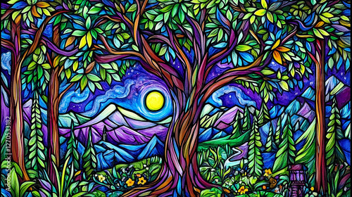Night forest, mountain scene, vibrant art, nature design, wall decor