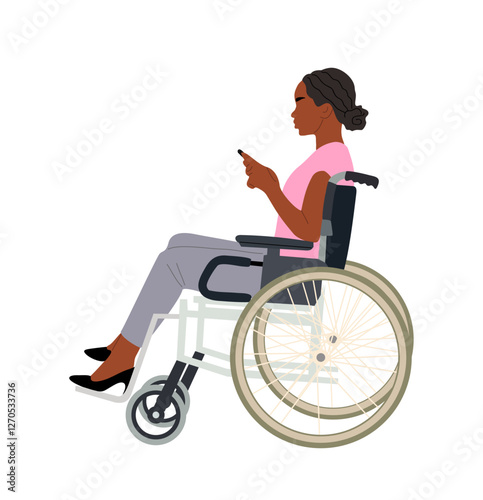 Young black woman sitting in wheelchair side view with mobile phone. Pretty african american girl in holding smartphone, texting, chatting. Vector realistic illustration isolated