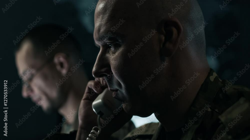 Low key close up shot of military officer talking on landline phone while his colleague analyzing data in command center