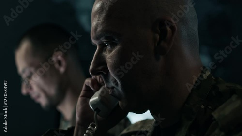 Low key close up shot of military officer talking on landline phone while his colleague analyzing data in command center