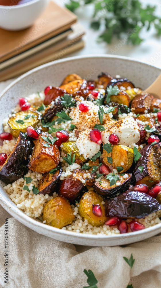 Fototapeta premium Vibrant couscous salad with roasted vegetables and pomegranate, perfect for healthy dining
