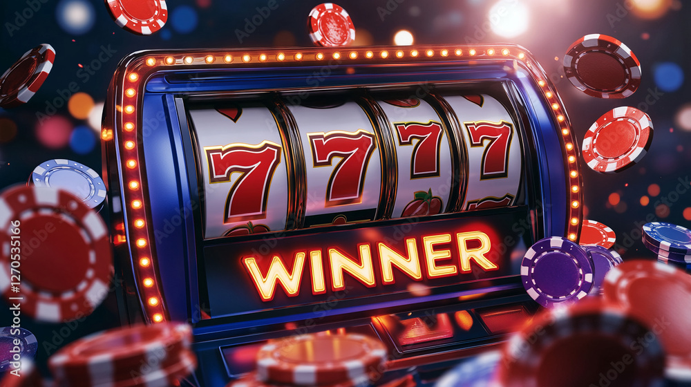 Casino slot machine with winning sevens and floating gaming chips Casino slot machine with winning sevens and floating gaming chips