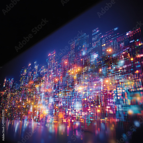 Abstract Cityscape Mosaic of Illuminated Windows and Reflections on Wet Surface at Night