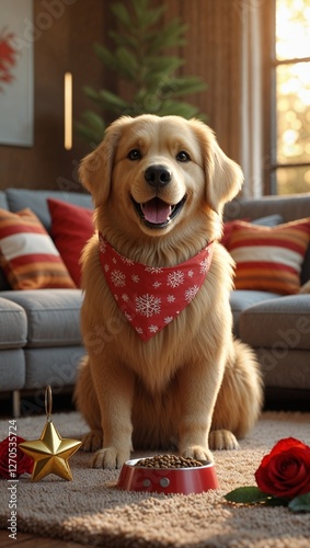 golden retriever puppy sitting on christmas tree