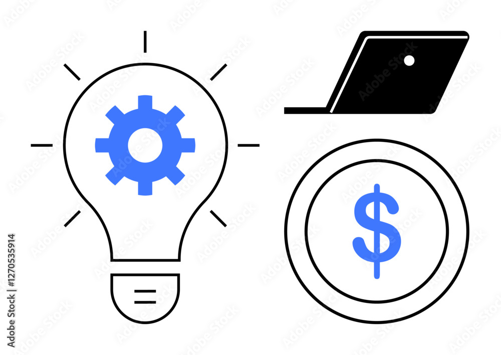 Light bulb with blue gear, black laptop, blue dollar sign in circle. Ideal for business strategy, technology, innovation, finance, entrepreneurship productivity investment. Abstract line flat Light bulb with blue gear, black laptop, blue dollar sign in circle. Ideal for business strategy, technology, innovation, finance, entrepreneurship productivity investment. Abstract line flat