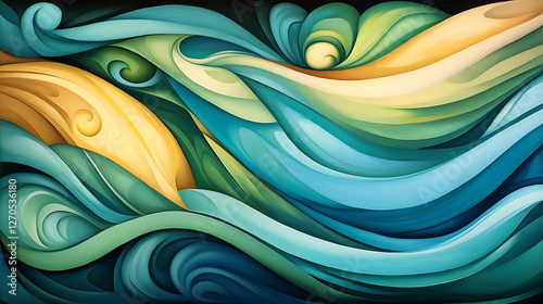Abstract Composition of Fluid Waves with Teal Blue and Golden Yellow Organic Shapes in Swirling Design