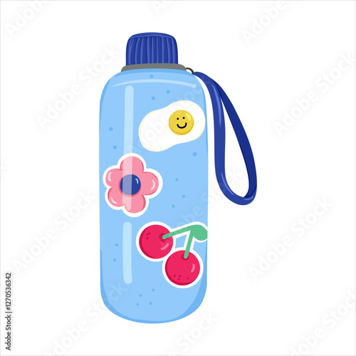 Cartoon sport bottle for girl with funny stickers. Cute reusable water bottle for school, sport and rest. Flower, cherry, fried eggs stickers on glass. Hand drawn vector illustration