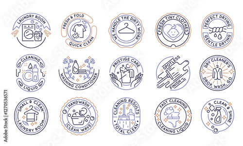 Cleaning and hygiene logos, labels, icons. A set of 15 cleaning logotypes. Handle, laundry room, wash machine conditioner. For branding cleaning products, hygiene services. Vector illustration.