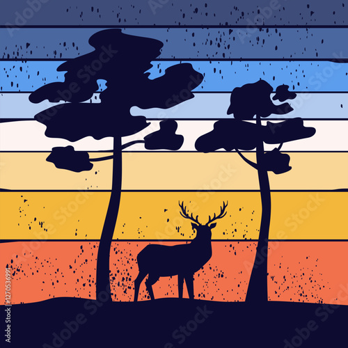 Retro sunset forest.Deer. 80s style grunge striped sunsets.Tourism or travel concept, adventure logo. Vector illustration. 