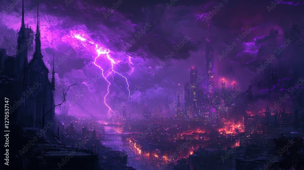 Obraz premium Lightning storm over city in purple light